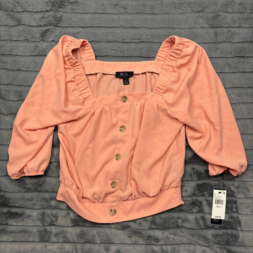 BCX Peach Square Neck Puff Sleeve Button Front Blouse Top 1044G9R Small